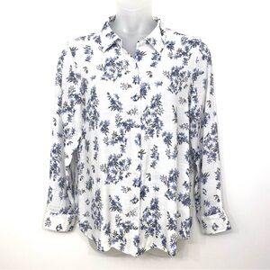 Blousology White Blue Floral Blouse Women’s XL Button Front Lightweight